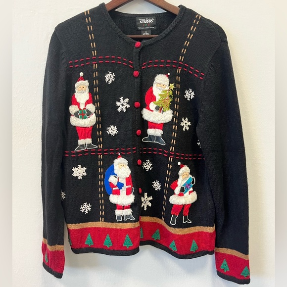 Designer Originals Studio Joy Christmas Cardigan Button Front Santa Embroidery - Picture 1 of 4